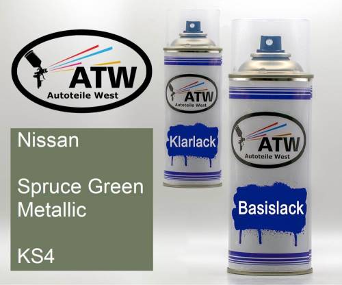 Nissan, Spruce Green Metallic, KS4: 400ml Sprühdose + 400ml Klarlack - Set, von ATW Autoteile West.